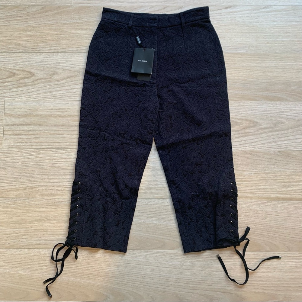 Dolce & Gabbana Floral Damask Lace Up Capri Pants Navy NWT Size 42 IT